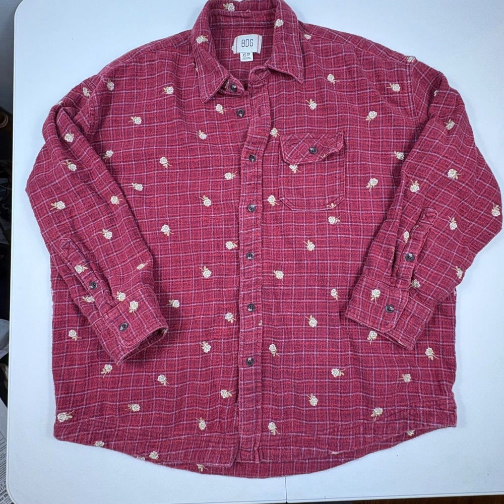 BDG Oversized Plaid Floral Embroidered Flannel Shirt Red Women's XS